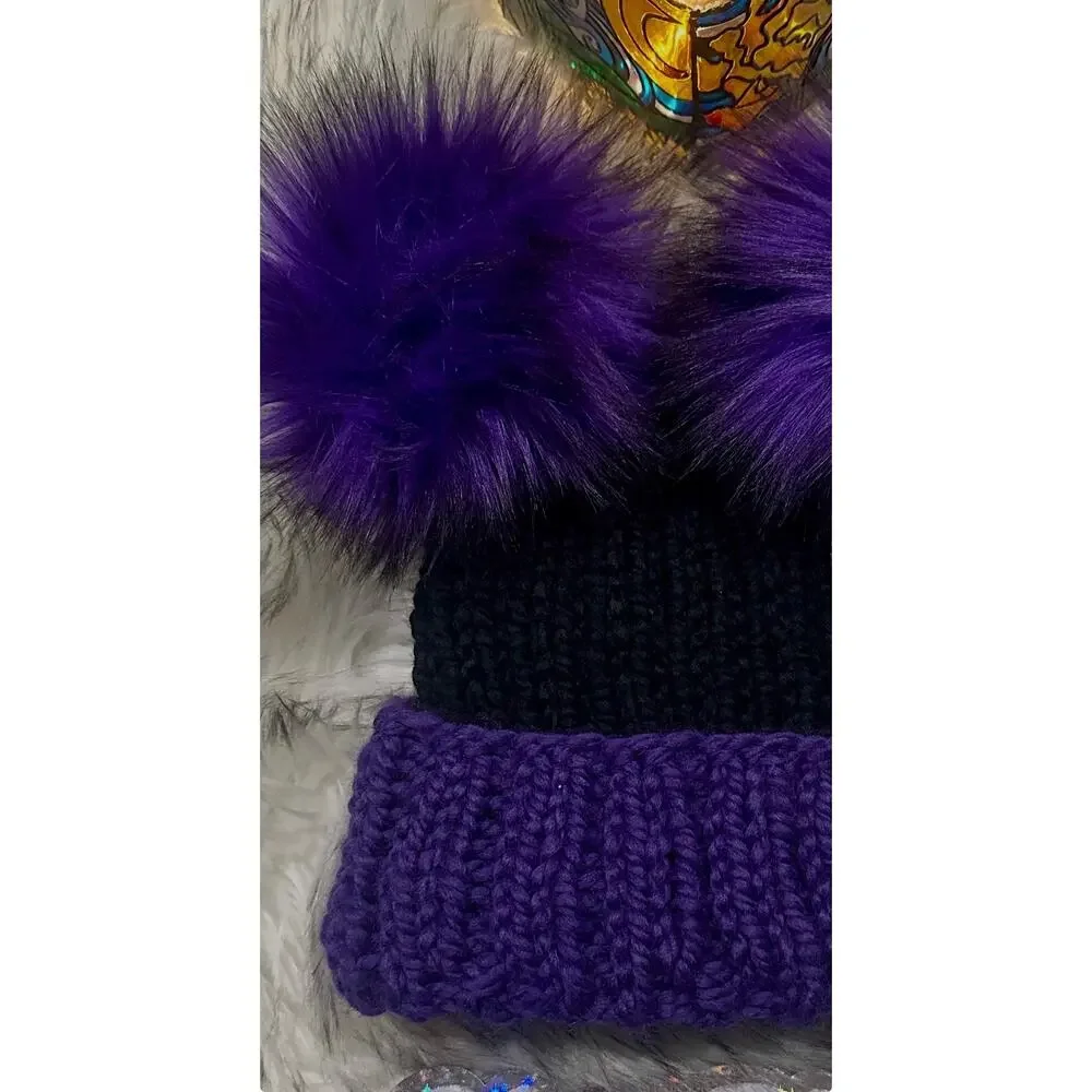 Hand Knit Beanie with Double Faux Fur Poms - Adult Winter Hat